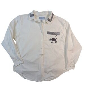 Ciel Bleu Women's Cream Black Cat Embroidered Cotton Button Down Shirt – Large
